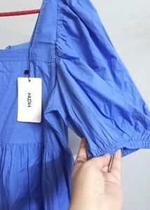 Nuon By Westside - Blue Solid Puff Sleeves Dress