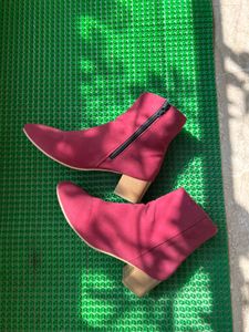 Ankle Length Red Boots With Block Heels