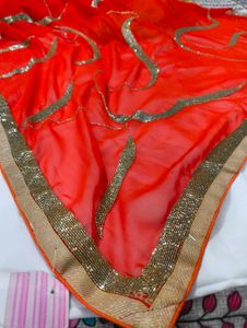 Orange & Gold Sequin Embellished Saree