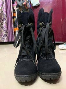 Black Wedge Lace-Up Boots