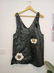 Black Faux Leather Overalls Dress