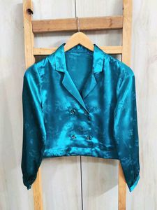 Teal Satin Floral Cropped Top size-32