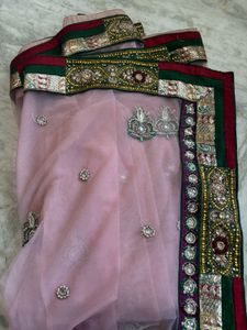 Pink Net Embellished Saree