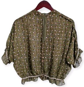 Olive Green Patterned Ruffle Sleeve Blouse