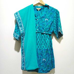 Teal Floral Print Dress & Dupatta