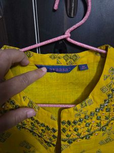 Yellow Printed Kurti with Mirror Detail