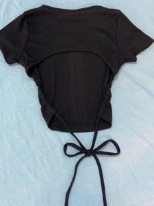 Black Ribbed Backless Crop Top