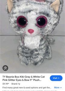 Ty Beanie Boo  Grey And White Cat Pink Glitter Eye