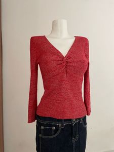Red V-Neck Long Sleeve Top