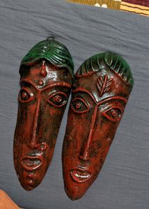 Set of 2 Terracotta Clay Tribal Face Couple Mask