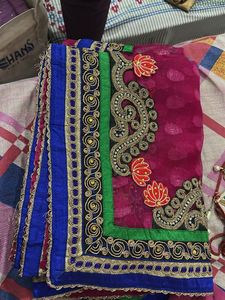Magenta Saree with Intricate Gold &amp; Blue Embroider