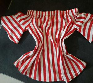 Off Shoulder Blouse With Red And White Stripes