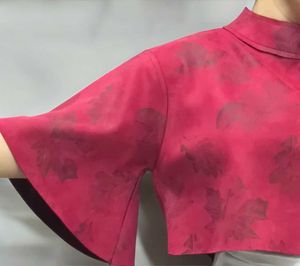 Red Leaf Print High Neck Crop Top Stylish Flared S
