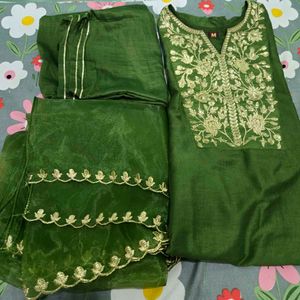 Green Embroidered  Kurta Plazo Dupatta