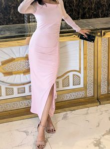 Pink Ruched Slit Midi Dress
