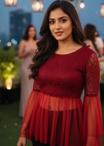 Elegant Red Lace & Net Flared Top