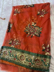 Heavy Net Embroidered Saree with Blouse &amp;Petticoat