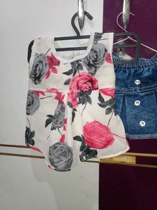 White Floral Top With Denim Skirt