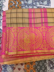 Golden yellow and Pink cotton silk saree With Zari