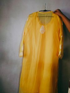 Yellow Chikankari Long Kurti