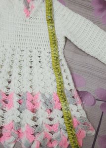 Cute Pink And White Woolen Handmade Frock