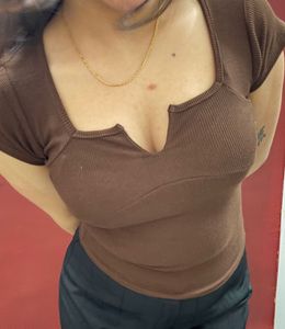Brown Ribbed V-Neck Top