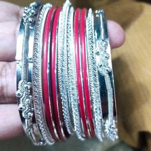 Combo Of Silver Blue And Silve Red Bangle Set