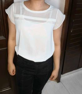Me.Sense Women White Mesh Casual Top