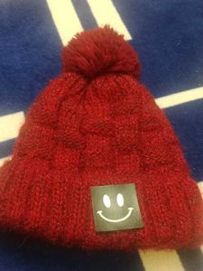 Red Knit Beanie with Smiley Face