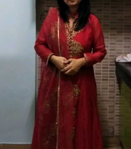 Red Embroidered  Gown With Dopatta