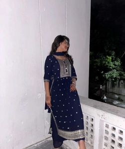 Navy Blue Embroidered Suit Set