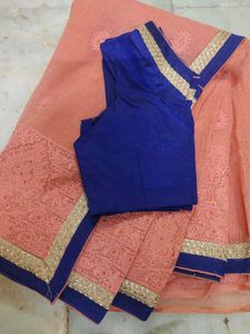 Peach Saree with Blue Blouse 💕