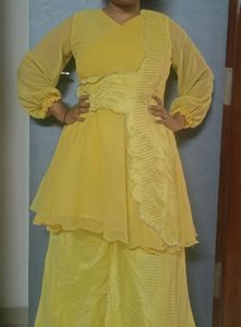 Yellow Outfit With Plazzo And Paplon Top One Sided Shrug💛