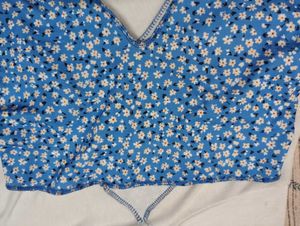 Blue Tie Up Crop Top Floral Pattern