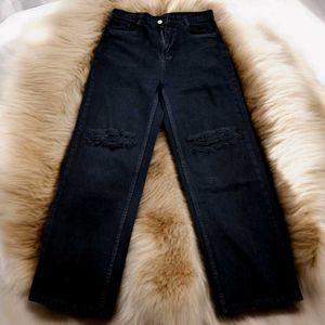 Black Ripped Wide-Leg Jeans for Women