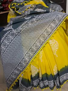 New Yellow&amp;Gray BlockPrint MulmulCotton Saree+Blou