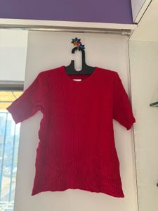 Red Ribbed Knit Short Sleeve Top