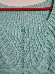 Blue Knit Button-Up Crop Top