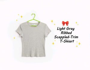 Light Gray Ribbed Scalloped-Trim T-Shirt
