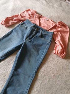 🎉 Combo Pink Top And Bootcut Blue Jeans