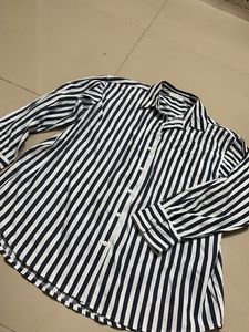 •  Navy & White Striped Button-Up Shirt – Cla