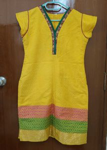 Sunshine Yellow Kurti with Pink-Green Border