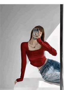 Red Square Neck Long Sleeve Top