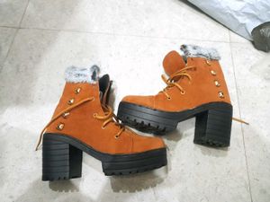 Brown Heeled Boots with fur 4inch