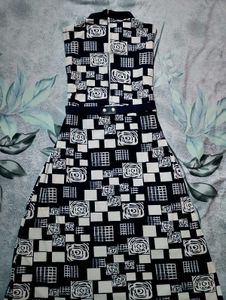 Abstract Printed Navy Blue Dress with Belt