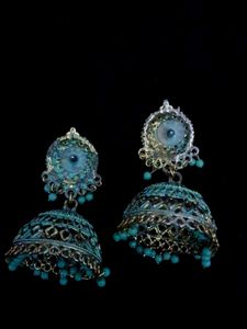 Teal Filigree Jhumka Earrings