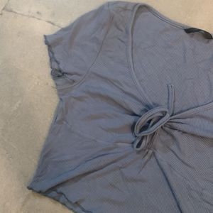 Blue Ribbed Tie-Front Crop Top