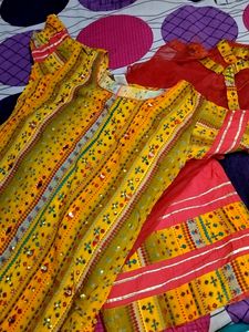Rayon Kurta Plazo With Dupatta,Red And Yellow Mustard Mix Colour It&#39;s A Beautiful Design With Plazo .lace And Mirror Work In Kurta