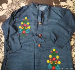 Embroidered Denim Kurta