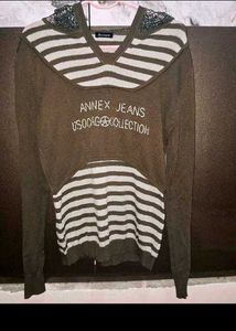 Denim Dress With Brown And White Striped Hodie